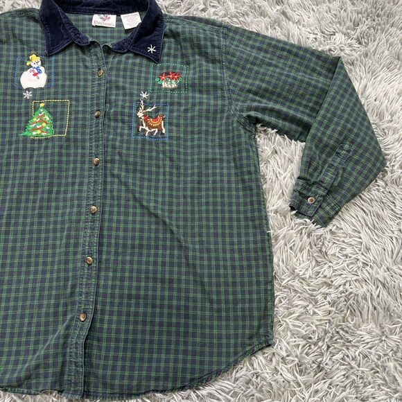 Vintage Nutcracker Embroidered Christmas Plaid Button Down Shirt Size Large - Picture 3 of 8